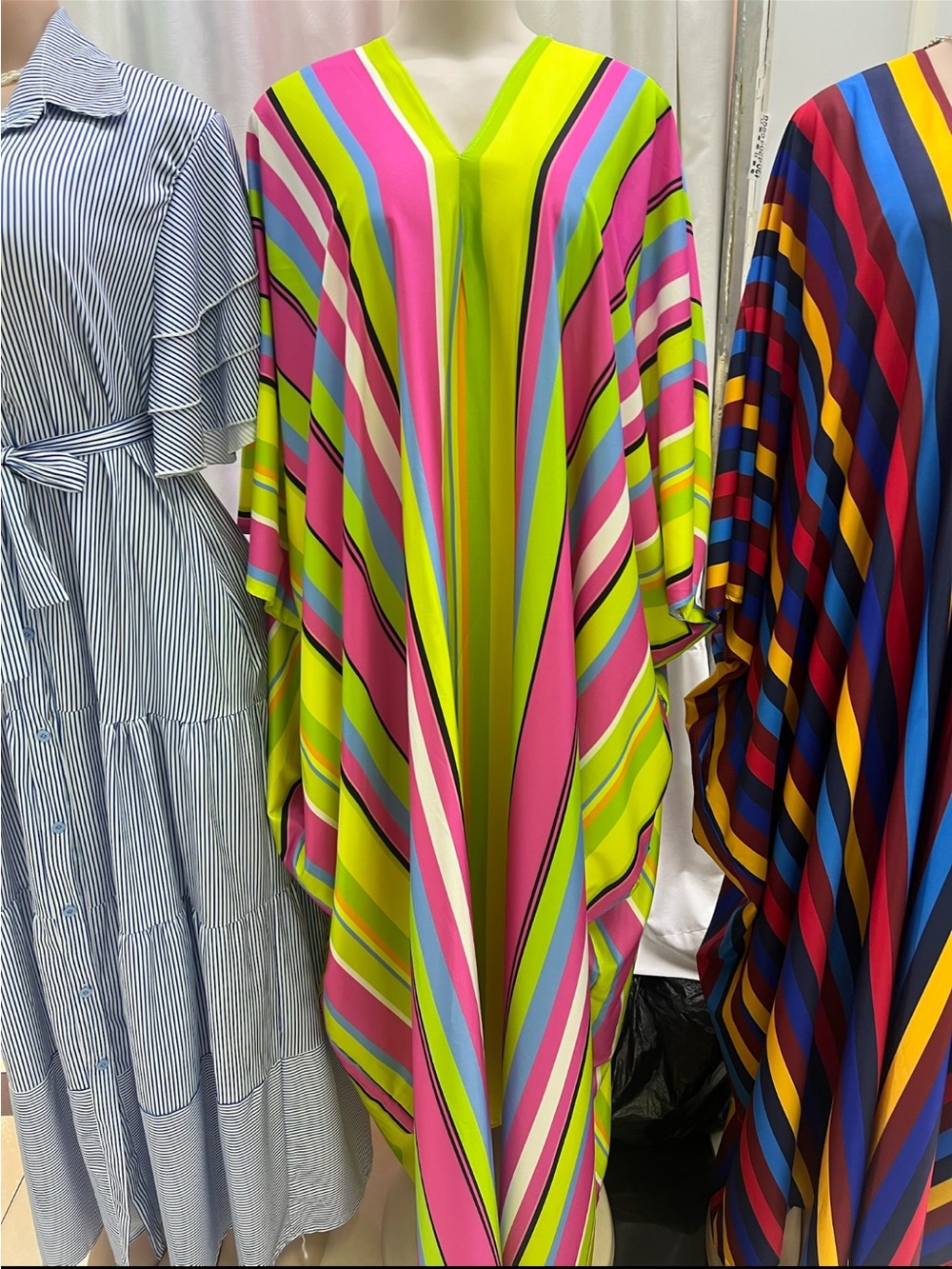 Vibrant Striped Kaftan Dress in Neon Green and Pink